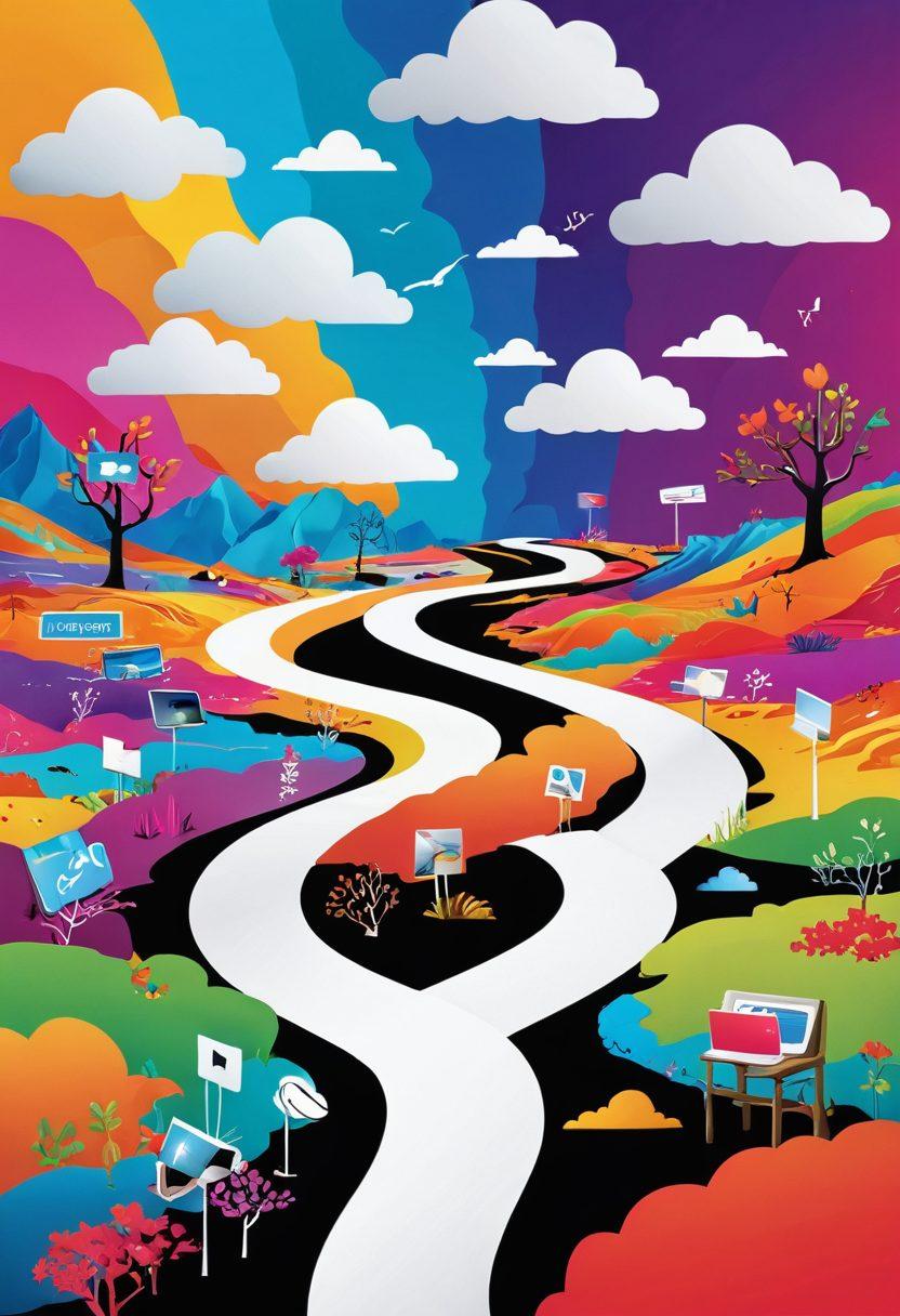 A digital landscape filled with diverse content creation tools like cameras, laptops, and sketchpads scattered across a vibrant terrain, featuring a winding path leading to a bright horizon. Overlay the scene with abstract icons representing social media, video platforms, and blogging. The sky is filled with colorful clouds shaped like various content formats (video, audio, text). Capture a sense of exploration and creativity. super-realistic. vibrant colors. white background.