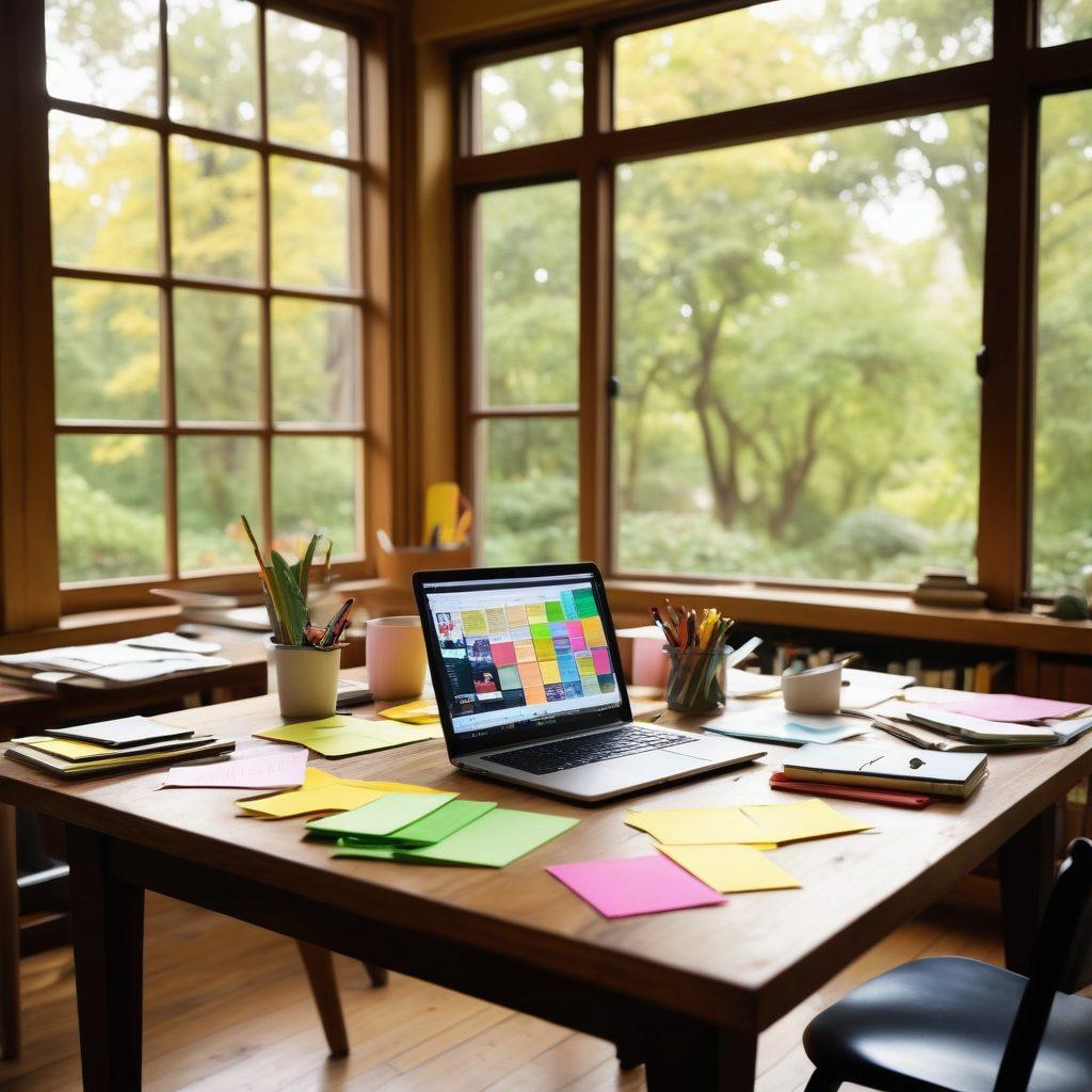 A diverse group of writers gathered around a large wooden table, creatively brainstorming ideas on laptops and notebooks. The atmosphere is vibrant, with sticky notes and colorful markers scattered around, symbolizing collaboration and creativity. In the background, a large window reveals a sunlit park, inspiring a sense of possibility. Include a bookshelf filled with classic and modern books. soft focus. super-realistic. warm tones.
