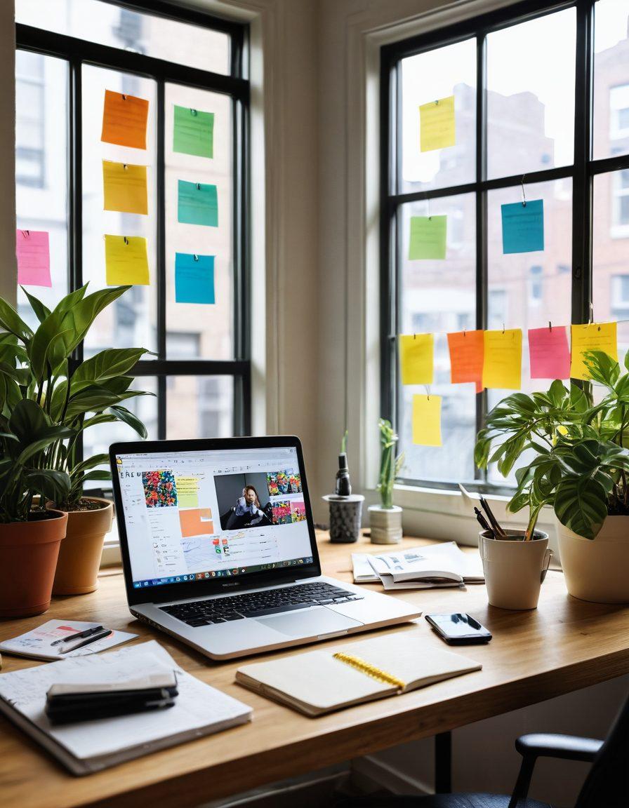 A digital workspace showcasing a diverse group of modern bloggers engaging in content creation. Features a laptop open with colorful graphs and notes, vibrant sticky notes scattered around, a microphone for voice recording, and a plant for an inviting atmosphere. The scene is illuminated by soft natural light coming through a window, symbolizing creativity and inspiration. super-realistic. vibrant colors. warm tones.